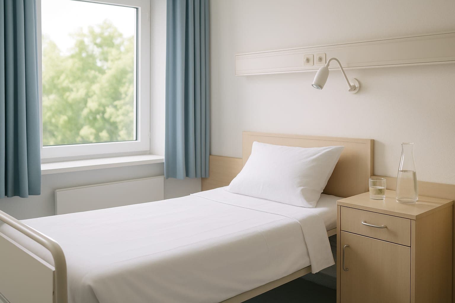 Ruhiges Genesungszimmer einer Klinik mit frisch bezogenem Bett am Fenster