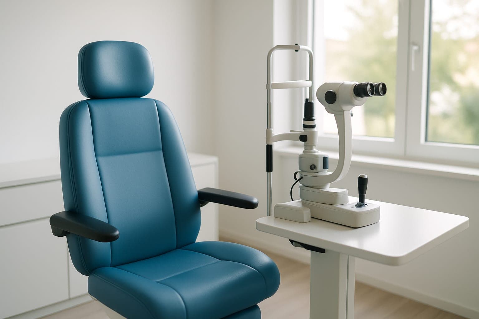 Augenärztlicher Untersuchungsraum mit Gerät auf einem Tisch am Fenster