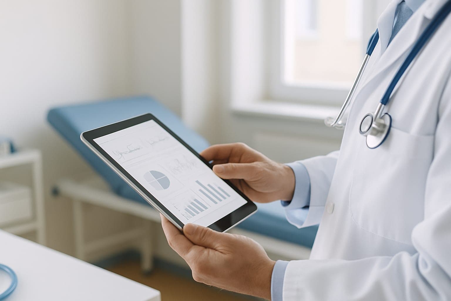 Ärztin betrachtet Untersuchungsergebnisse auf einem Tablet in einem Behandlungsraum