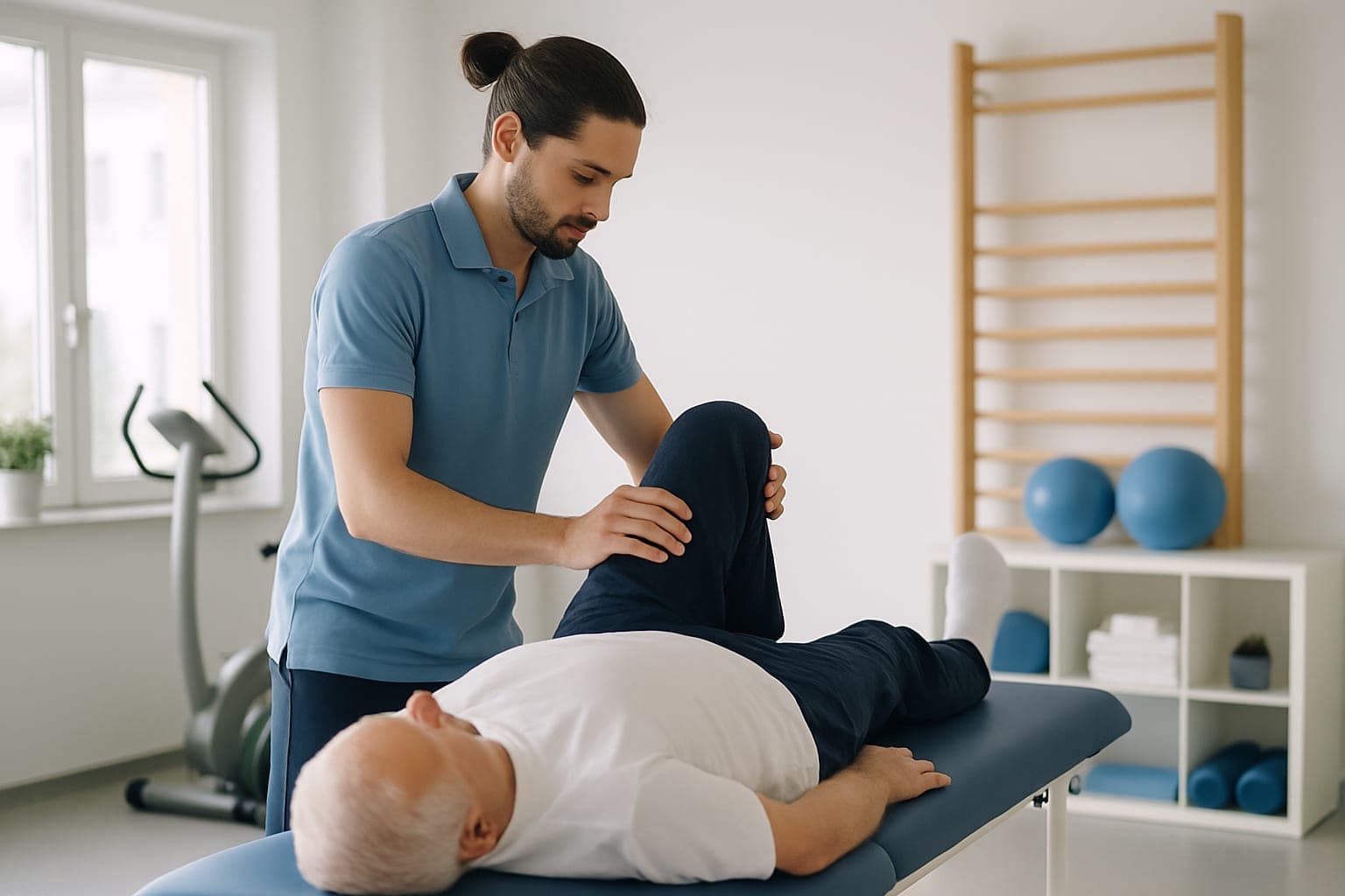 Physiotherapeut unterstützt eine ältere Person bei einer Übung im hellen Reha-Raum
