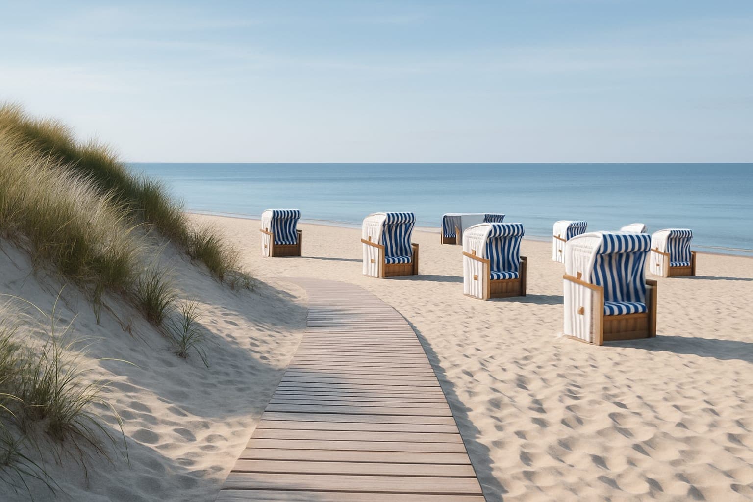 Sandstrand an der deutschen Küste mit Strandkörben und einem Holzsteg zum Wasser