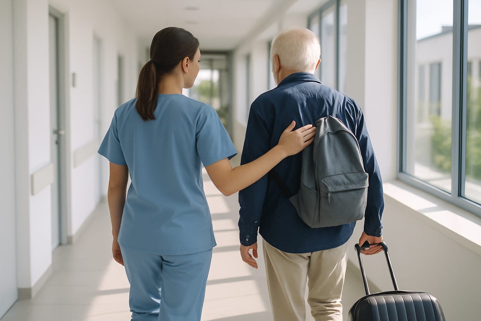 Eine Pflegekraft begleitet einen älteren Reisenden mit Koffer durch einen hellen Klinikflur