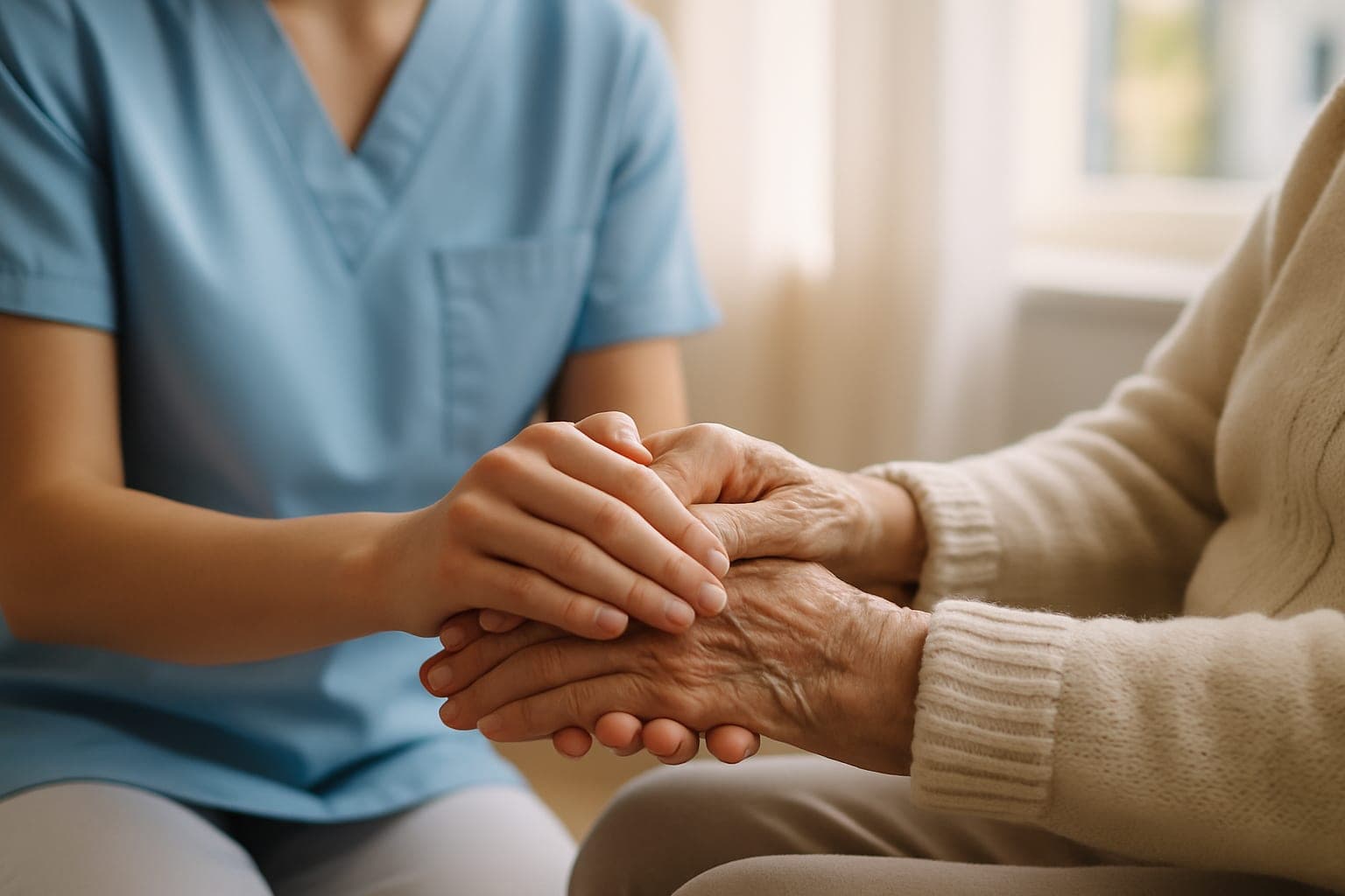 Die Hände einer Pflegekraft halten behutsam die Hände einer älteren Person